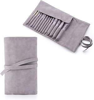 14 Pockets Makeup Brush Travel Rolling Case Gray Waterproof Cosmetic Travel Bag Brushes Pouch Holder, Premium Leather Brush Organizer with Belt Strap for Women Girls, NO BRUSHES.