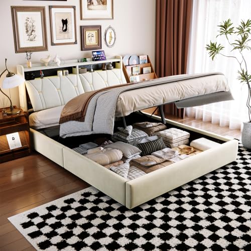 YubNct Canapé Abatible 140x200 cm con Almacenaje Hidráulico, Cama de Matrimonio Tapizada con Luces LED y Puerto USB, Estructura de Cama Doble con Somier y Cabecero, Beige (Sin Colchón)