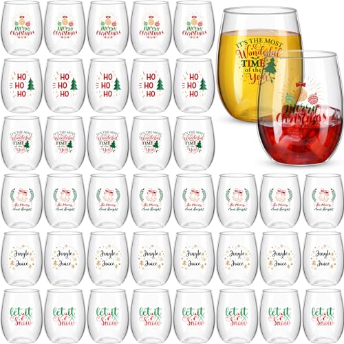 Ziliny 24 Pieces Christmas Wine Cup Drinkware 12 oz Clear Christmas Stemless Wine Cups Plastic Christmas Funny Wine Glasses for Women Man Family Friends Christmas Gift Set