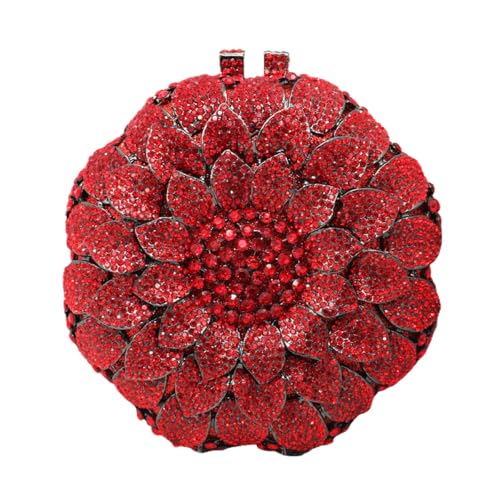 Tasysain Women Rhinestone Flower Handbag Sunflower Pattern Circular Clutch Purse Cute Shiny Floral Shoulder Party Bag, Red