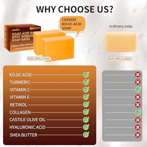 ceedoo Kojic Acid Dark Spot Remover Soap Bars with Vitamin C, Retinol, Collagen, Turmeric with Hyaluronic Acid, Vitamin E, Shea Butter, Castile Olive Oil - 3.52 OZ x 2 Bars