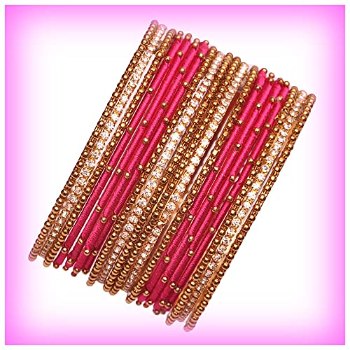 Image of NMII Non-Precious Metal with Base Metal and Zircon Gemstone Studded Ball Chain Linked Glossy Finished Silk thread Bangle set for Women and Girls