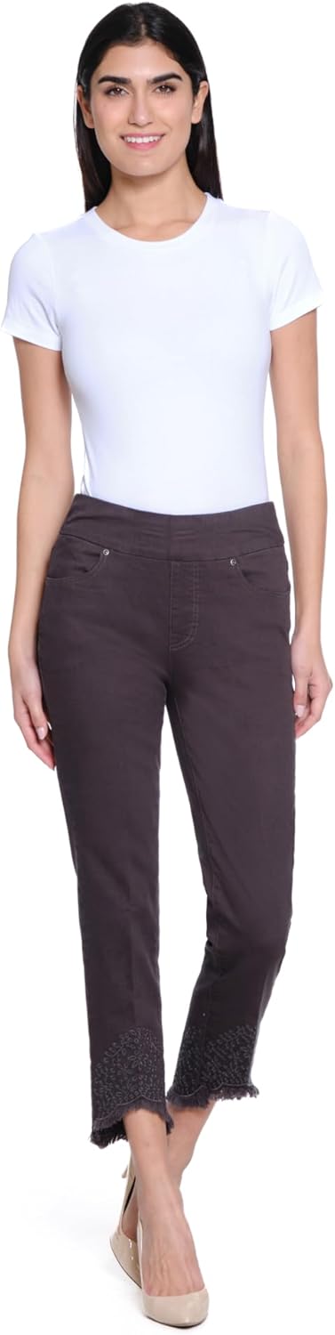 Pull On Ankle Jean with Real Front and Back Pockets and High-Low Embroidered Scallop Hem