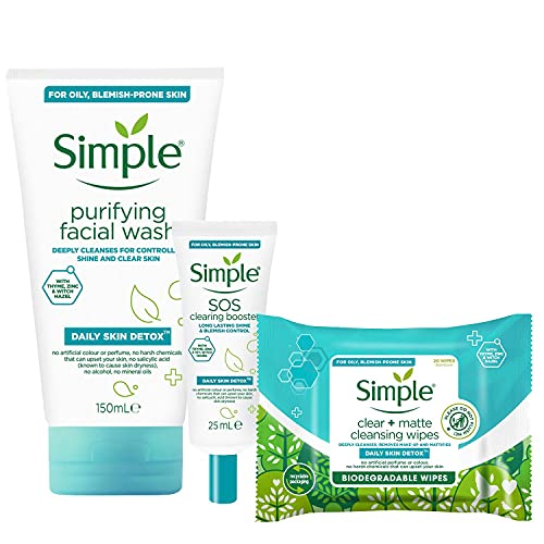 Simple Daily Skin Detox Bundle Of Sos Clearing Booster Long Lasting Shine & Blemish Control 25Ml, Purifying Facial Wash 150Ml And Clear + Matte Cleans