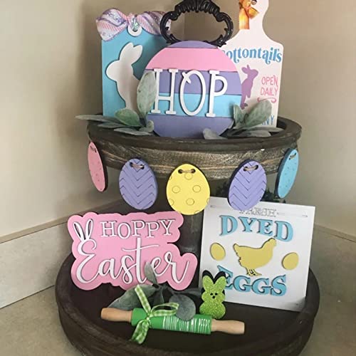 Easter Tiered Tray Decor, Happy Spring Tiered Tray Decorations, Farmhouse Tiered Tray Decor, Mini Rustic Bunny Egg Wooden Sign for Indoor Home Table Mantle Office, Easter Day Gifts (F(5pcs/Set))