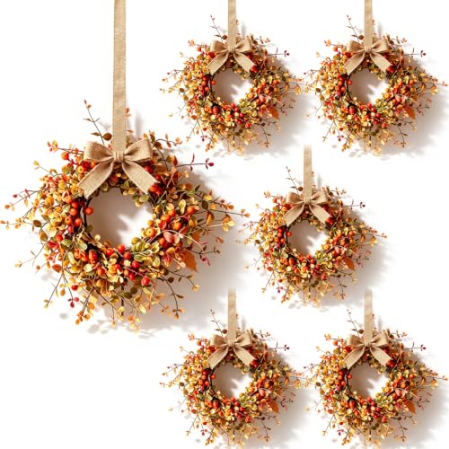 6 Pcs Small Fall Hanging Wreaths with Artificial Autumn Foliage Leaves Red Orange Berries Rustic Burlap Ribbon Mini Cabinet Wreath for Home Front Door Window Wall Farmhouse Thanksgiving Harvest Decor