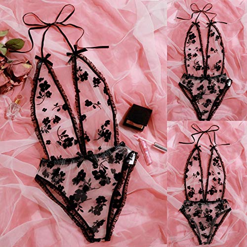 Lingerie for Women, Sexy Floral Embroidered Halter Neck Bow Bodysuit, Deep V Sexy See Through Mesh Teddy Babydoll Underwear - Worn for Valentines Day, Wedding Night, Honeymoon