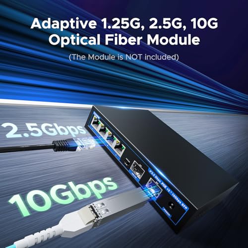 Image of PoE+ Ethernet Switch,IEEE802.3af /at, Up to 30W, 65W, 4*2.5Gb PoE with 2*SFP Uplink,60Gbps,Base-T,Desktop /Wall Mount, for AP & IP Cameras,Home,Gaming,Office,Plug & Play | Fanless Quiet