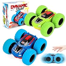 Flip Cars Toys for Ages 2-4, Monster Truck 360 Rotating Stunt Push and Go Friction Cars for Toddlers 1-3 Vehicle 2+ Year Old Boys Girls Gifts 2 Pack - Blue/Green