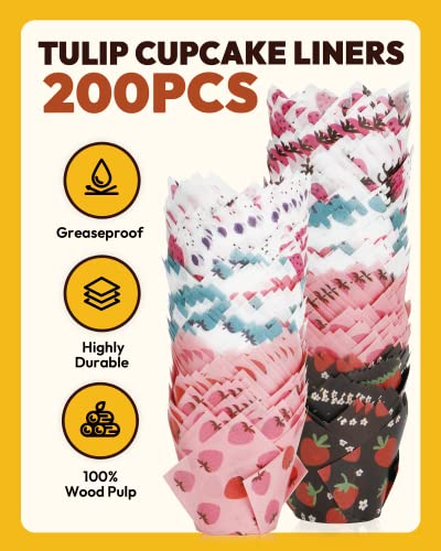 Katbite Tulip Cupcake Liners 200Pcs, Muffin Baking Cupcake Liners Holders With Strawberry Design, Baking Cups, Cupcake Wrapper For Party, Wedding, Birthday, Christmas Cupcake Liners #TOP2