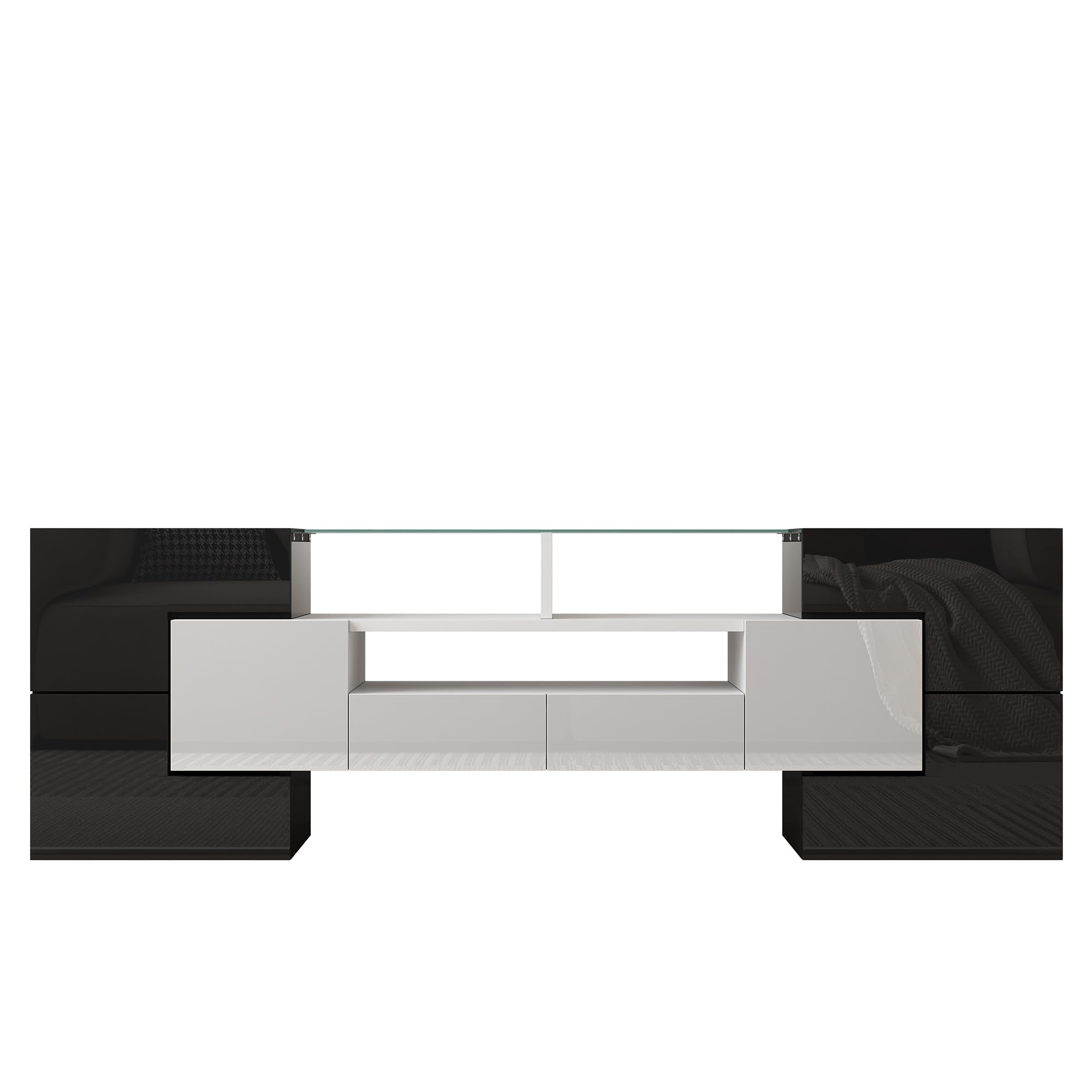 Elegante mobile TV Lowboard bianco lucido 145 cm illuminazione LED mobili soggiorno design moderno elegante finitura in vetro (bianco+nero)