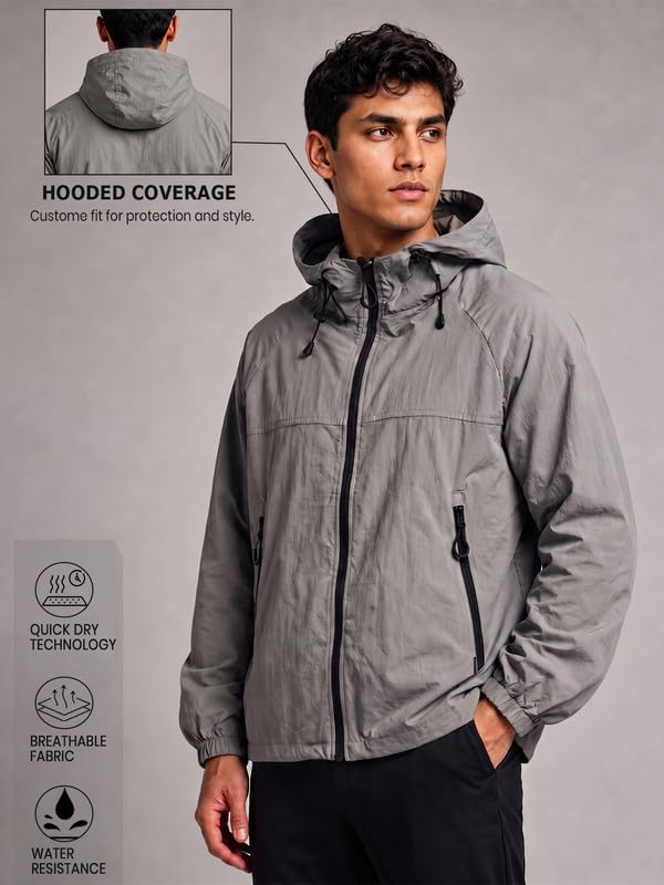 Image of CHKOKKO Windcheater Jacket For Men With Hood UPF 50+ UV Sun Protection | Lightweight Breathable Water-Repellent Windbreaker | Nylon Fabric Outdoor Running Biker Dailywear Jacket