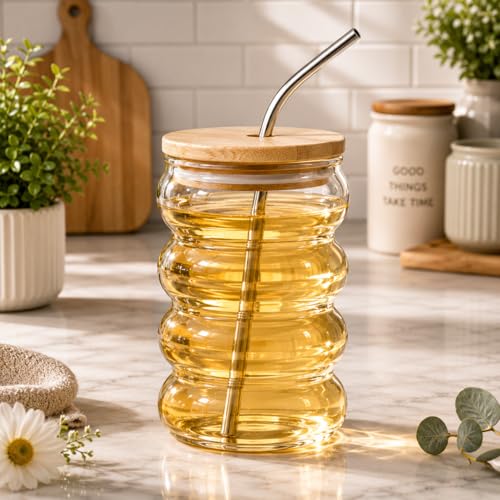 Image of Nuvelle Glass Mug Tumbler with Bamboo Lid and Straw 520ml, for Cold Drinks, Smoothies, Coffee | Ripple Wave Spiral Ring Cup | Coffee Glass Tumbler with Bamboo Lid and Straw (Light Gold)