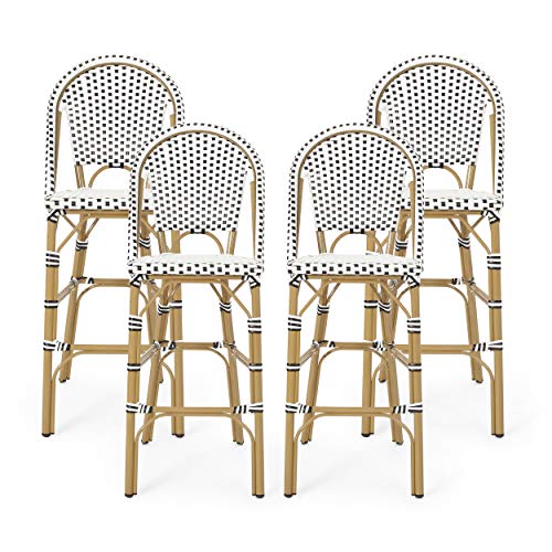 Christopher Knight Home 314450 Kinner Outdoor Barstool, Black + White + Bamboo Print Finish