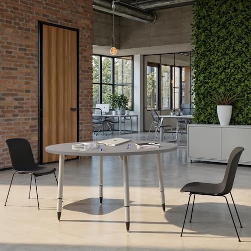 Image of Adapte Commercial Classroom Activity Table - 48 inch Round Woodgrain, ADA Compliant Tapered Legs with Glides & Casters, Adjustable Height 22-34 inch Wheelchair Accessible, School & Office Furniture