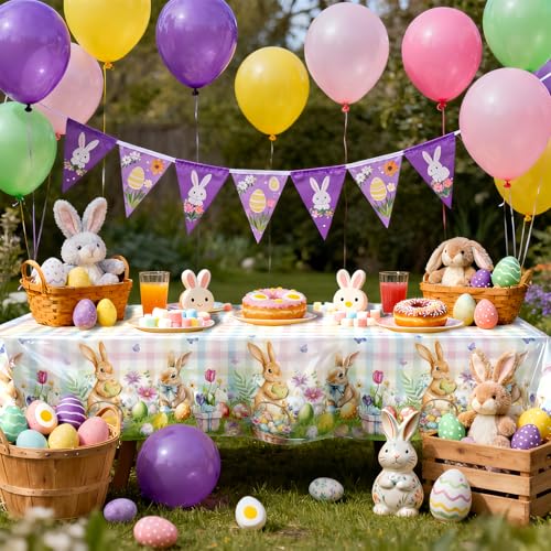 Image of OQOQ Plaid Pastel Easter Tablecloth (2 Packs) -108x54 inches Spring Easter Table Cloth Colourful Happy Bunny Disposable Waterproof Table Cover for Party Decoration Picnic Dinning Home Decor