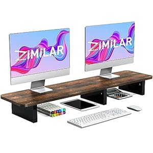 Zimilar Dual Monitor Stand Riser, Large Wood Computer Monitor Riser, Extra Long Monitor Stand for 2 Monitors with Storage for Office Accessories(Rust Brown)