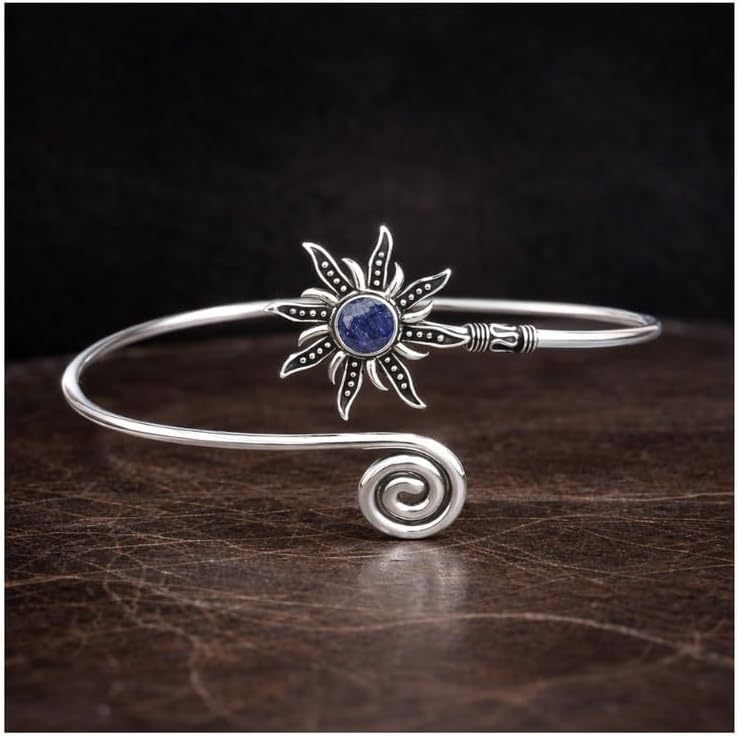 Silver Sunburst Arm Cuff, Blue Sapphire Stone Boho Upper Arm Bracelet, Spiral Arm Cuff, Gemstone Armlet, Sun Bohemian Jewelry Gift