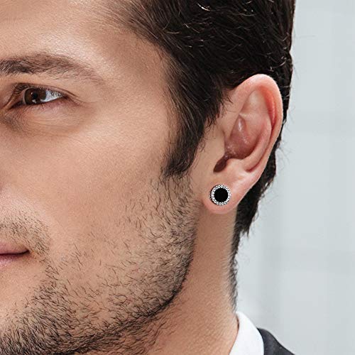 KRKC&CO Men Earrings Stud, Black Sterling Silver Earrings, Birthday Gift for Men, Iced Out Cz Onyx, Hypoallergenic, Stylish Hip Hop Jewerly, Fathers Day