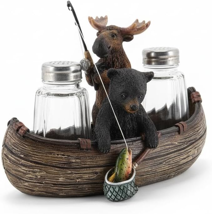 Comfy Hour 6.7" Moose and Bear Fishing in Canoe Salt and Pepper Shaker Duo (Empty Bottle Set Included), Decorative Rustic Lodge Cabin Style Figurine Holder, 1 Unit