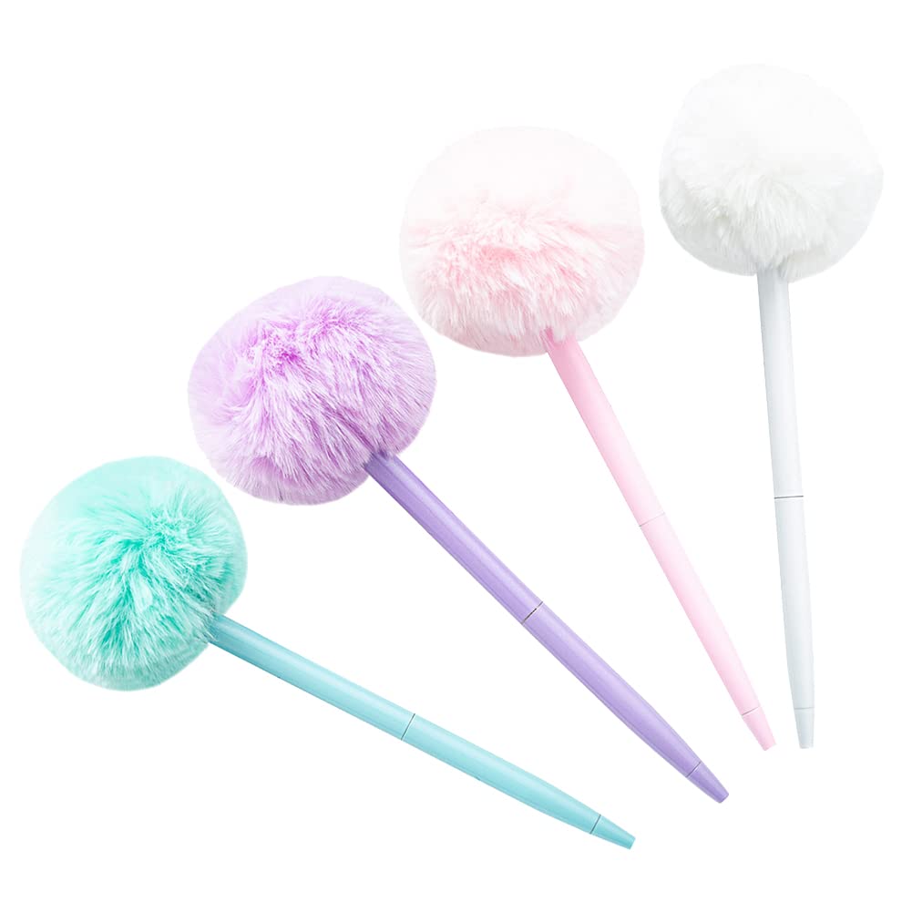 JIHUOO 4 Pcs Pom Pom Ballpoint Pens, Fluffy Ball Cute Plush Pastel Writing Supplies for Women Girls