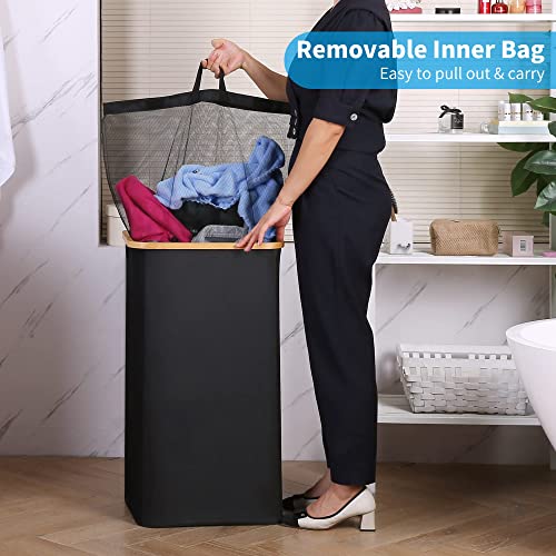 Efluky Large Laundry Basket With Lid, 100L Tall Laundry Basket With Bamboo Handles For Clothes And Toys Storage, Freestanding Collapsible Laundry Hamper With Inner Bag For Bedroom And Bathroom, Black #TOP3