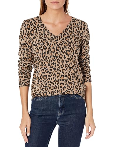 Amazon Essentials Damen Regular-Fit Leichter Langarm-Pullover V-Ausschnitt (In Übergröße Erhältlich), Kamelbraun Leopardenmuster, L