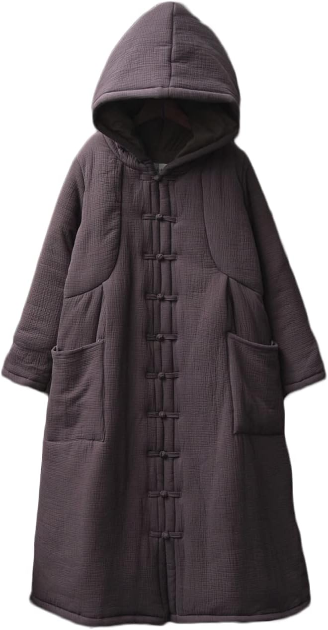 NFYM Women's Winter Warm Long Trench Coat Hooded Cotton Linen Quilted Vintage Long Button Down Jacket Robe