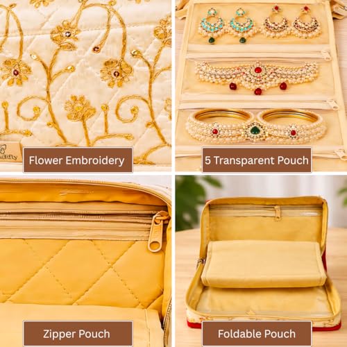 Image of Trendifly Embroidery Sling Jewellery Organiser Storage Bag Pouch for women & girls | Bank Locker jewelry Organizer | Earring Necklace Bangles Organiser for Travel & Gifting (Red)