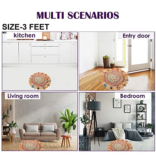 Eleet Handcrafted Reversible Cotton Area Rug - 3 Ft Multicolor Hand Woven Braided Rug Rag (3 Feet Fancy Round Cotton + Jute) #TOP4