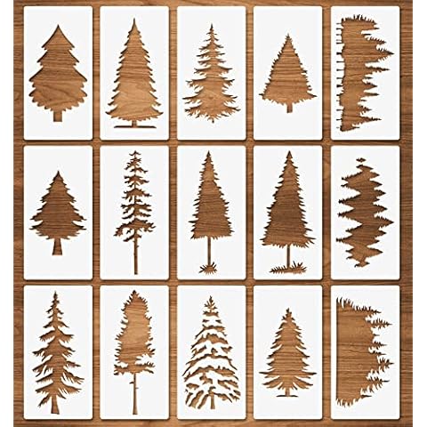 15 Pcs Trees Stencils, Pine Fir Cypress Cedar 3"x6", Christmas Trees Forest Stencils for Painting, Reusable Tree Templates for Window Wood Wall Canvas Holiday Decor Cover