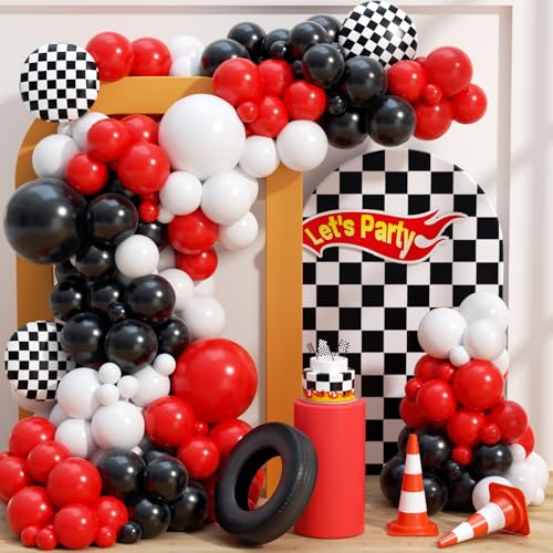 Image of 153Pcs Race Car Balloon Garland Arch Kit - Red and Black White Checkered Balloon Arch Kit 18 10 5 Inch Different Size Balloons for Racing Car Two Fast 2nd Theme Birthday Party Decorations