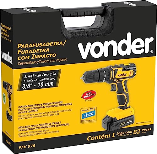 Parafusadeira/Furadeira Com Impacto A Bateria, 20 V, Fonte Bivolt Automático, 78 Acessórios, Pfv 078