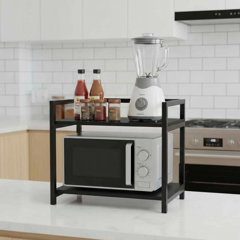 NEST NATURE HAVEN Multipurpose Microwave Stand, 2 Tier Wooden Shelving Additional Storage Kitchen Spice Rack Shelf with Premium Metal Frame for Kitchen,Cabinet,Bathroom,Cosmetics Organizer (Black)