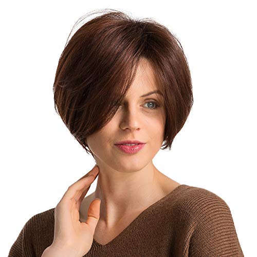 Emmor Short Brown Human Hair Wigs for Women,Natural Hair Blend With Healthy Kanekalon Fiber Side Part Bob Wig Dark Root, Daily Use