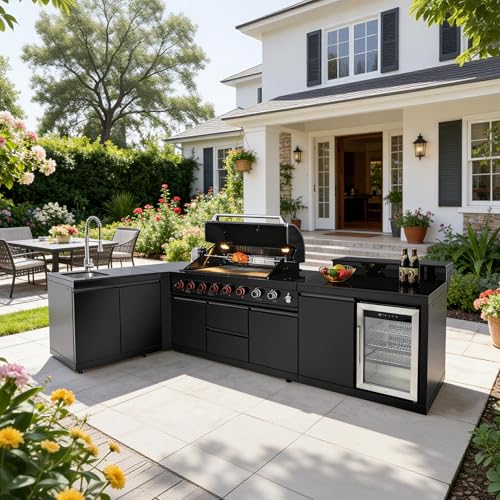 Zolyndo Outdoor Kitchen Island, 6 Burner 95500 BTU Outdoor Kitchen Island, Grill Table with Sink, Stainless Steel Island for Kitchen, BBQ Island with Covers, Refrigerator,Storage Cabinets, Black