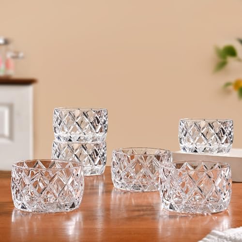 Image of Nestasia Small Glass Chutney Bowls Set of 6 (160ml Each) - Heat Resistant & Chip Resistant Ice Cream Bowls for Dips, Sauce & Pickles | Diamond Cut Transparent Katori with Gift Box - Ideal for Gifting