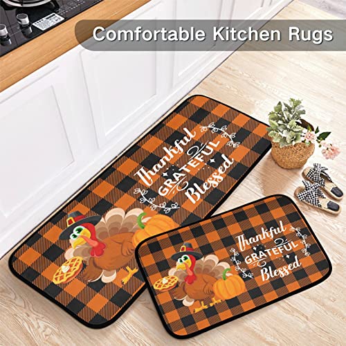 Thanksgiving Turkey Buffalo Plaid Kitchen Mats Autumn Pumpkin Fall Grateful Kitchen Rugs Runner Laundry Rug Non Slip Floor Door Mats Soft Doormats Carpet Home Decor Set Of 2 #TOP4
