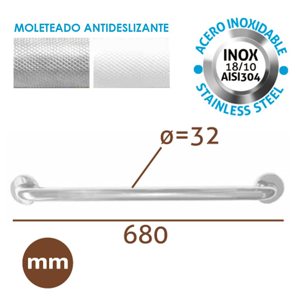 Barra de Apoyo de Acero Inoxidable 68 cm con Superficie Antideslizante | Asidero de Seguridad para Ducha y Bañera | Agarradera Ideal para Personas Mayores y Baño Accesible