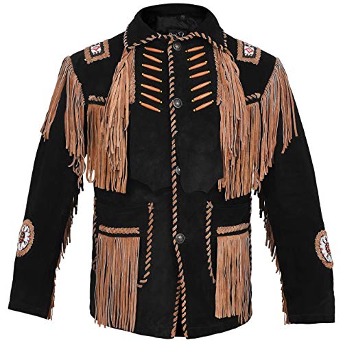 Mens Cowboy Western Suede Leather Jacket with Bones Beads Fringes- Bikers Style Mens Classic Fashion.