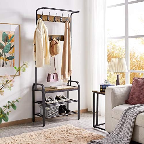 Yaheetech Coat Rack Stand 183cm Height, Tall Hall Tree with Anti-Tip Kits & 23 Ball-End Hooks, Shoes Stands for Hallway with Bench & Shoe Storage, Rustic Brown