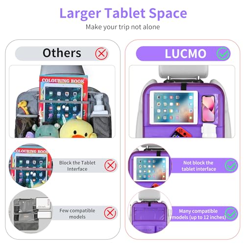 Image of LUCMO Car Backseat Organizer with Foldable Tablet Holder, Dark Purple | 6 Storage Pockets,Foldable Food Tray,Protectors Kick Mats,Travel Accessories,Seat Cover,Road Trip Essentials