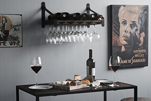 Rustic State Barrel Wall Mount Wood Floating Wine Rack With Glassware Holder Stemware Shelf Organizer For 5 Bottle And Up To 15 Glass Storage - Kitchen Dining Room Bar Décor - Walnut #TOP1