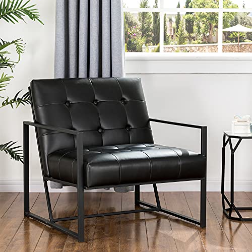 Glitzhome Mid Century Modern Accent Chair, Modern Living Room Chairs with Durable Metal Frame,PU Leather Cushioned, Reading Armchairs for Living Room, Bedroom, Home Office, Black