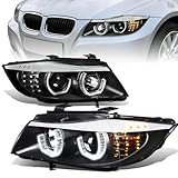 D SOLUTIONS 3D Crystal LED Halo Headlight Assembly Compatible with 2005-2008 BMW 3-Series 323i 325i 328i 330i 335i E90 Headlamp Black Housing BM2502133 BM2503134 (Black)