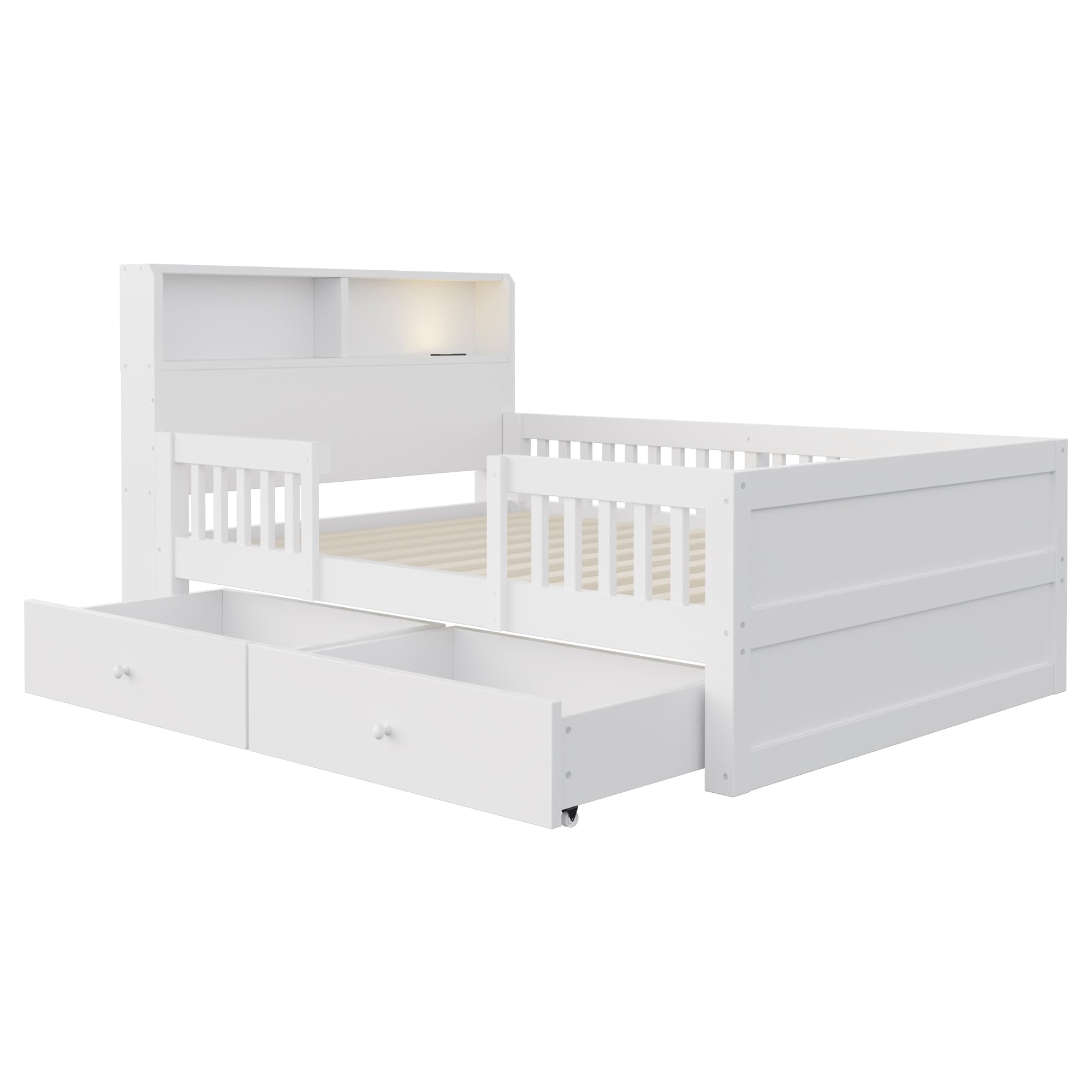 Cama de Madera de 90x190 cm, cabecero con repisa, Color Blanco