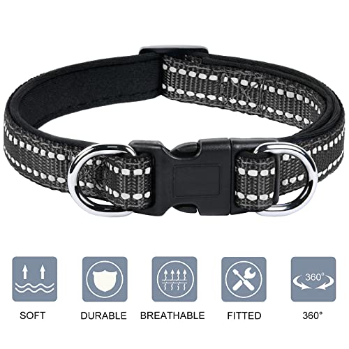 AUAUY Reflektierend Halsband Hund, Verstellbares Atmungsaktives Hundehalsband, Weich Gepolstertes Neopren Nylon Hunde Halsband mit AirTag-Hülle Doppel-D-Ring für Kleine Mittel Große Hunde(Schwarz-S)