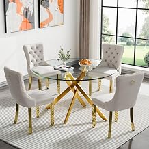 47.25inch Round Glass Dining Table Set for 4,5-Piece Modern Kitchen Table Set with Gold Metal Legs and 4 Soft Velvet Upholstered Chair for Kitchen Apartment