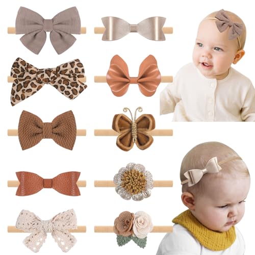 Image of Subesty Baby Bows 10PCS Stretchy Nylon Headbands for Baby Girls, Handmade Natural Newborn Hairbands for Preemie Newborns Infants Toddlers