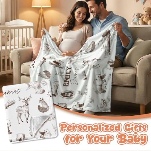 Image of Personalized Baby Blanket for Boys Girls, Custom Name Color and Sizes, Woodland Animals Baby Blankets for Son Daughter, Super Soft Fleece Blanket, Lightweight Bed Throw Nursery Blanket